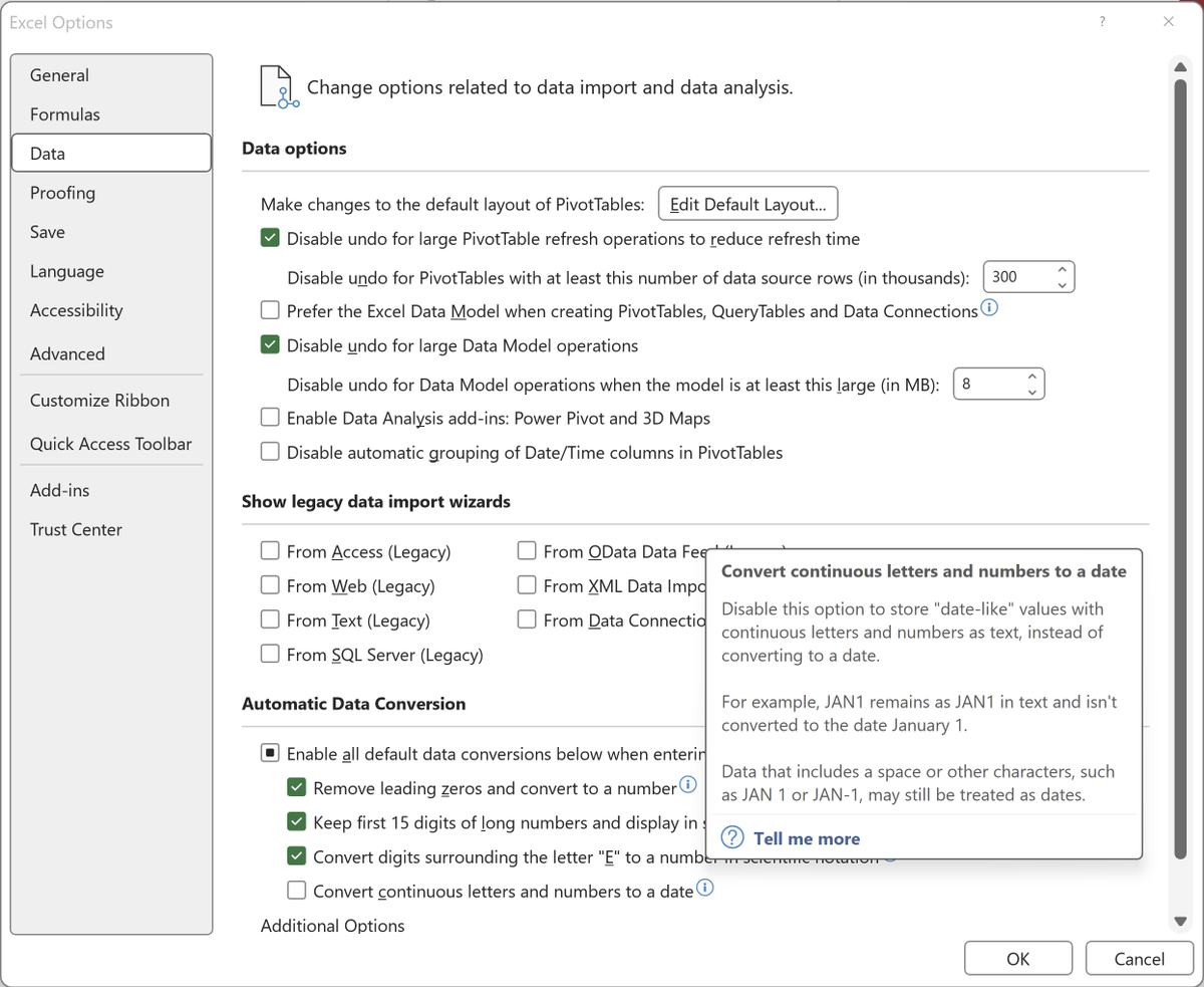Karsten Suhre (@ksuhre) on Twitter photo Finally: #Microsoft <a href="/Office/">Microsoft Office</a> listened ... no more gene name to date conversions in #Excel.
Go to File > Options > Data
and deselect "Convert continuous letters and numbers to a date".
theverge.com/2023/10/21/239… Finally: #Microsoft <a href="/Office/">Microsoft Office</a> listened ... no more gene name to date conversions in #Excel.
Go to File > Options > Data
and deselect "Convert continuous letters and numbers to a date".
theverge.com/2023/10/21/239…