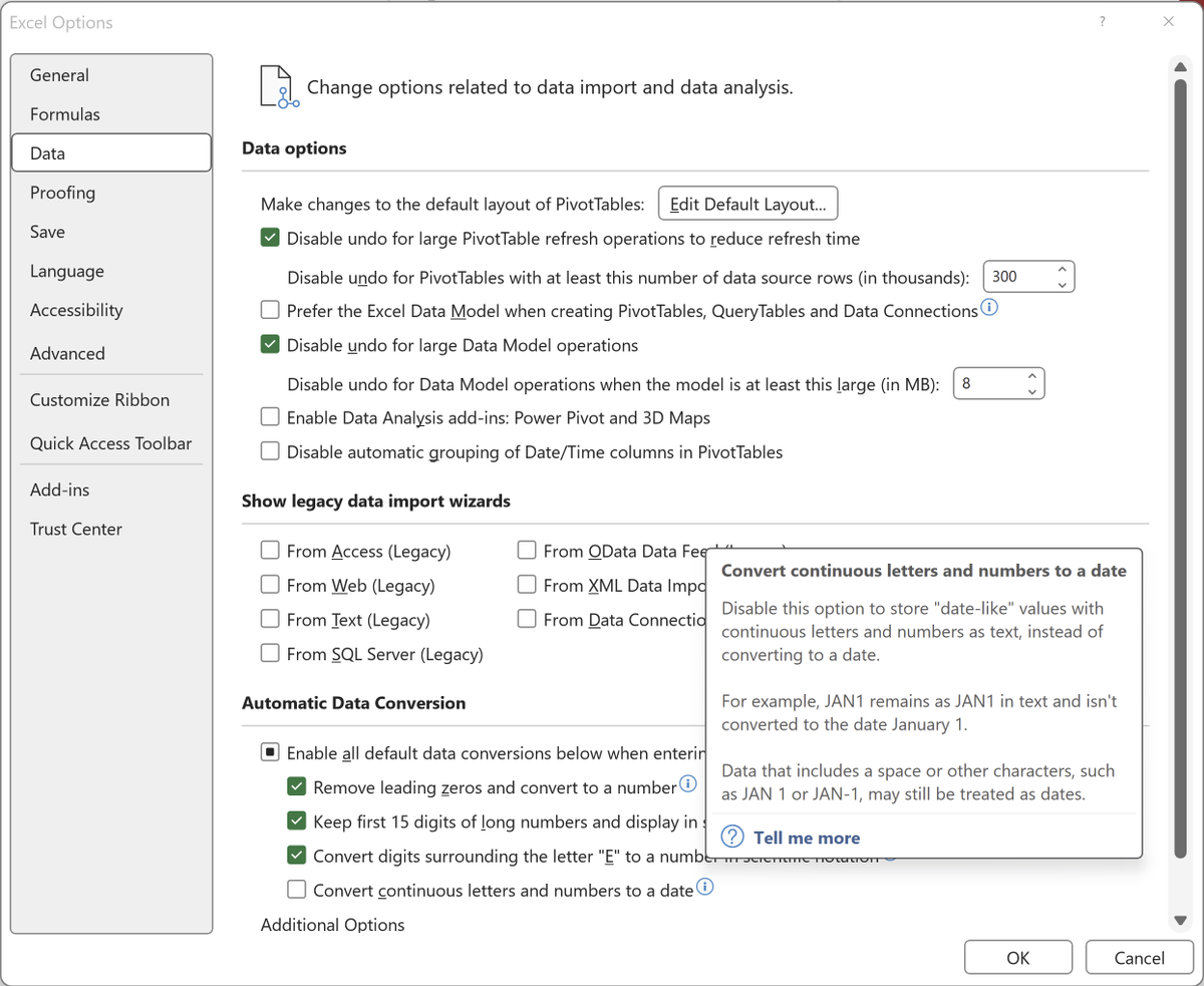 Finally: #Microsoft @Office listened ... no more gene name to date conversions in #Excel. Go to File > Options > Data and deselect 'Convert continuous letters and numbers to a date'. theverge.com/2023/10/21/239…