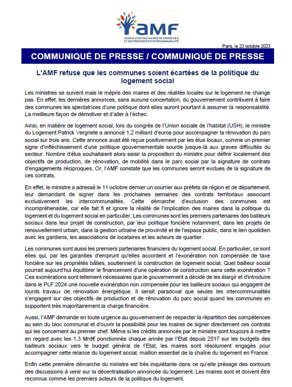 L'AMF refuse que les communes soient écartées de la politique du logement social ▶️ amf.asso.fr/documents-amf-…