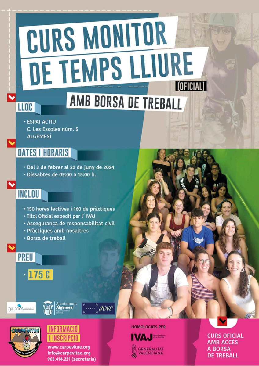 🙋🏽‍♀️NOU CURS‼️

✏️𝐂𝐮𝐫𝐬 𝐝𝐞 𝐌𝐨𝐧𝐢𝐭𝐨𝐫 𝐝𝐞 𝐓𝐞𝐦𝐩𝐬 𝐋𝐥𝐢𝐮𝐫𝐞 𝐈𝐧𝐟𝐚𝐧𝐢𝐥 𝐢 𝐉𝐮𝐯𝐞𝐧𝐢𝐥🧩🪅

💁🏽‍♀️Dissabtes, de 09.00h a 15.00h🕒 a 📍l'Espai Actiu 
📌Del 3 de febrer al 22 de juny de 2024
🪙 Preu: 175€

📲𝐈𝐧𝐬𝐜𝐫𝐢𝐩𝐜𝐢𝐨𝐧𝐬: 
𝟵𝟲𝟯.𝟰𝟭𝟰.𝟮𝟮𝟭