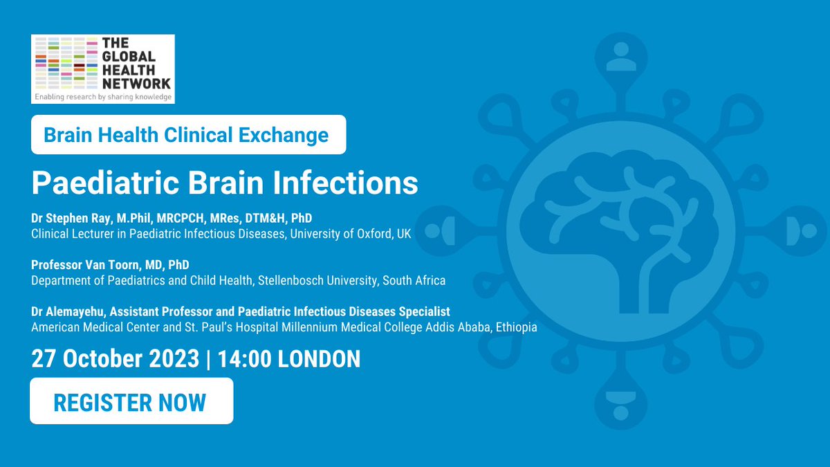 Brain Infection & Inflammation Group (@brainiigroup) on Twitter photo Don't miss out‼️FREE Clinical Exchange Workshop🗓27/10/23-14:00BST
Join Dr Stephen Ray, Professor Ronald van Toorn & Dr Tinsae Alemayehu (<a href="/tinsaetigist/">Tinsae ትንሳኤ MD 🇪🇹</a>) discuss paediatric brain infections🧠🦠, specifically tuberculosis meningitis.
Register here ➡️ braininfectionsglobal.tghn.org/clinical-excha… Don't miss out‼️FREE Clinical Exchange Workshop🗓27/10/23-14:00BST
Join Dr Stephen Ray, Professor Ronald van Toorn & Dr Tinsae Alemayehu (<a href="/tinsaetigist/">Tinsae ትንሳኤ MD 🇪🇹</a>) discuss paediatric brain infections🧠🦠, specifically tuberculosis meningitis.
Register here ➡️ braininfectionsglobal.tghn.org/clinical-excha…