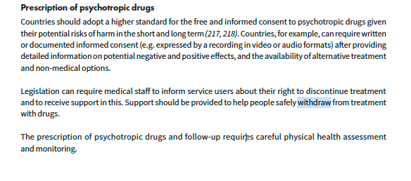 The WHO/UN in a new position paper on mental health and human rights have called for higher standards on informed consent regarding psychotropic drugs, including their right to discontinue treatment and support to do so who.int/publications/i…