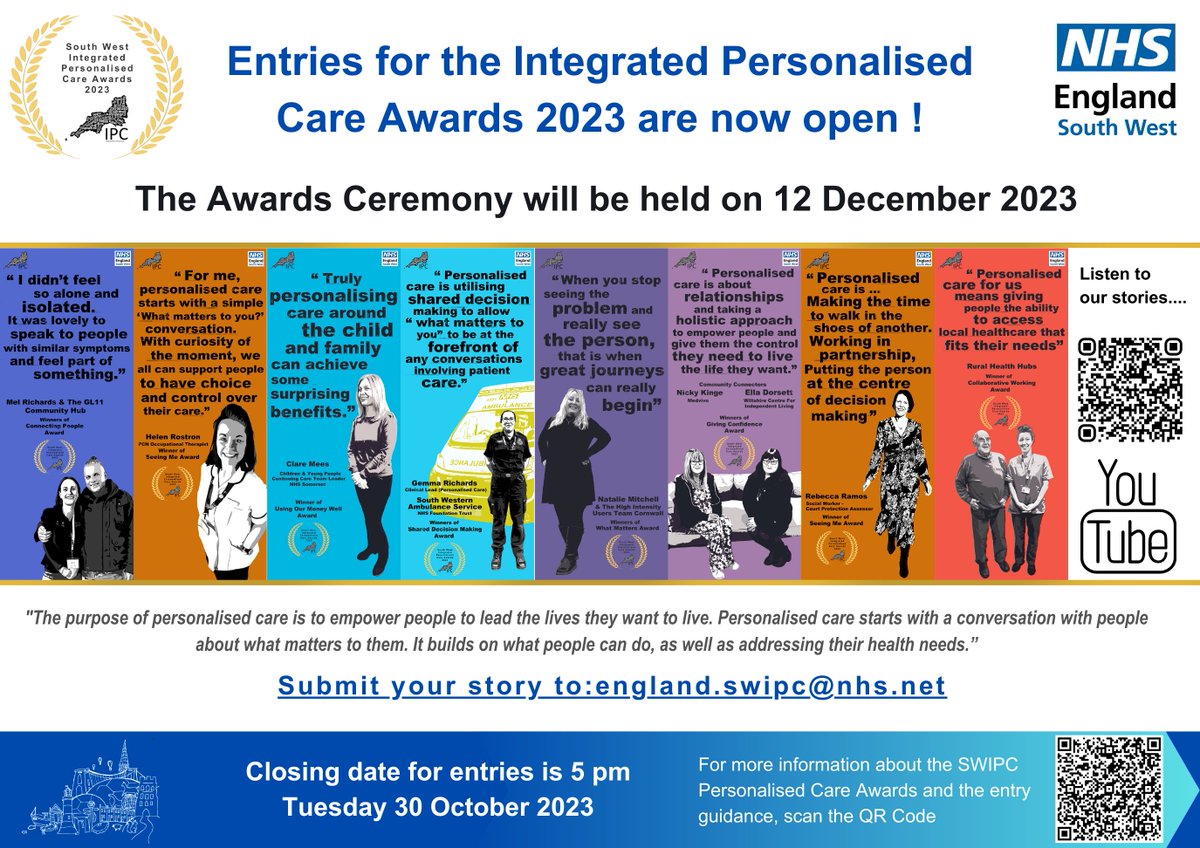 “One of the key aims of the SW Personalised Care Awards is to involve as many people as possible, we are therefore extending the deadline now to Mon 30th Oct at 5pm” We look forward to seeing your entries! england.nhs.uk/south/our-work… @NHSSW #SWIPCAwards2023