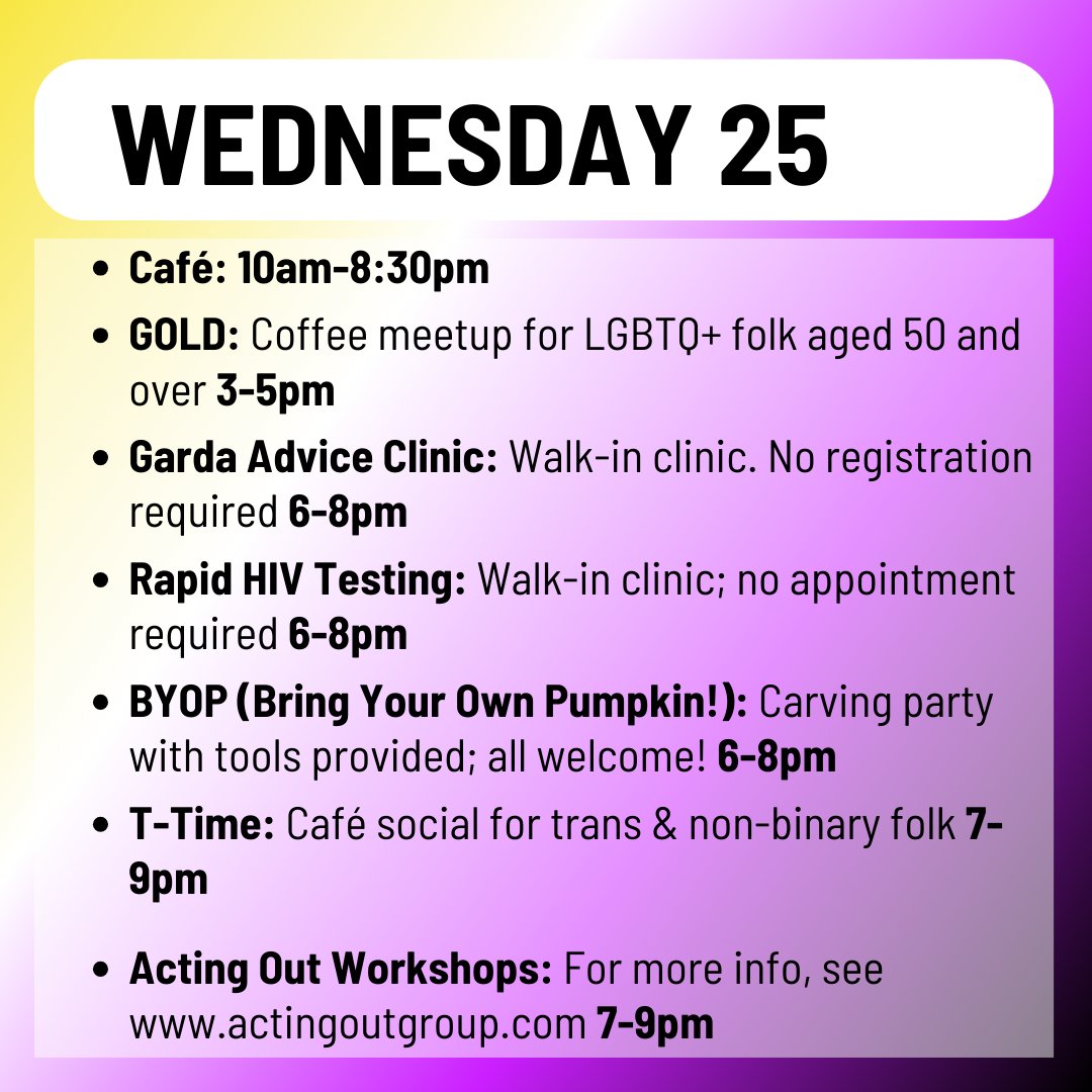 Outhouse_Dublin's tweet photo. Weekly roundup of events in Outhouse LGBTQ+ Centre this week, October 23- 29 🌈
Highlight this week is Arthouse 2023 in aid of Outhouse.
Link in bio for more info.
#dublinevents #eventsdublin #gaydublin #lgbtqdublin #lgbteventsdublin #gayirish #outhousedublin https://t.co/fDda1P7NgU