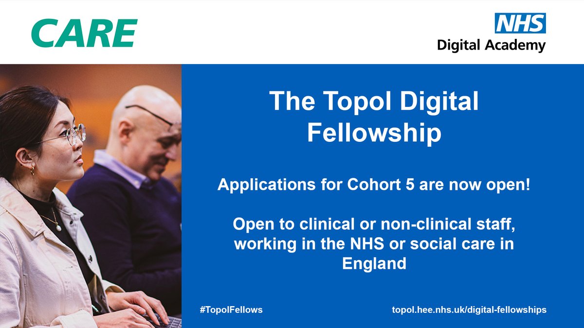 NHS Digital Academy (@nhsdigacademy) on Twitter photo Applications are now open for the Topol Digital Fellowshipโ
All applicants must be working in a role where they have the ability to focus on a digital transformation or innovation project.
Find out more and apply: orlo.uk/zX84Z
#TopolFellows <a href="/DigiSocCare/">Digitising Social Care</a> <a href="/NHSE_WTE/">NHS England Workforce, Training and Education</a> Applications are now open for the Topol Digital Fellowshipโ
All applicants must be working in a role where they have the ability to focus on a digital transformation or innovation project.
Find out more and apply: orlo.uk/zX84Z
#TopolFellows <a href="/DigiSocCare/">Digitising Social Care</a> <a href="/NHSE_WTE/">NHS England Workforce, Training and Education</a>