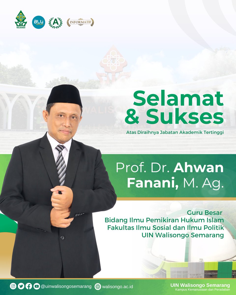 UinWSofficial's tweet photo. Keluarga besar UIN Walisongo Semarang mengucapkan Selamat dan Sukses kepada
Prof. Dr. Ahwan Fanani, M. Ag. atas diraihnya Guru Besar bidang Ilmu Pemikiran Hukum Islam pada Fakultas Ilmu Sosial dan Ilmu Politik UIN Walisongo Semarang
Selamat Prof!
#gubes
#uinwalisongosemarang https://t.co/FUlRhgeRHS