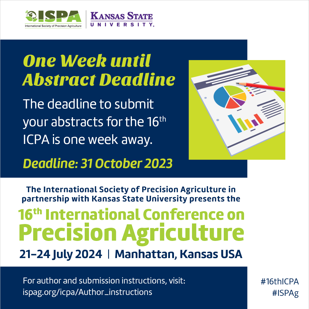The deadline to submit your abstract to the 16th International Conference on Precision Agriculture is in one week! Submit your abstract at loom.ly/tNRT5Yw by 31 October 2023.
#ISPAg #16thICPA