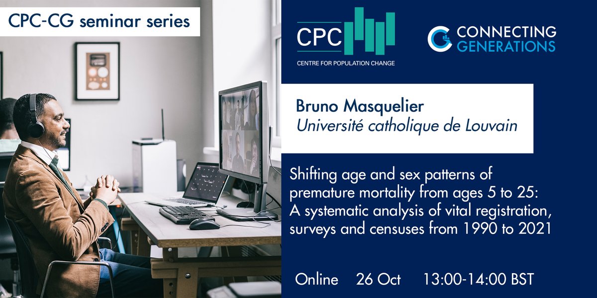 🗓️THIS WEEK - #CPCCGWebinar Thurs 26 Oct 🧑‍💻@BrunoMasquelier @UCLouvain_be will discuss how disparities in #mortality risk - well-documented in young children - are extending to older children, adolescents, and youth aged 5-24 📈 ▶️Register #poptwitter: bit.ly/48ZyPgn