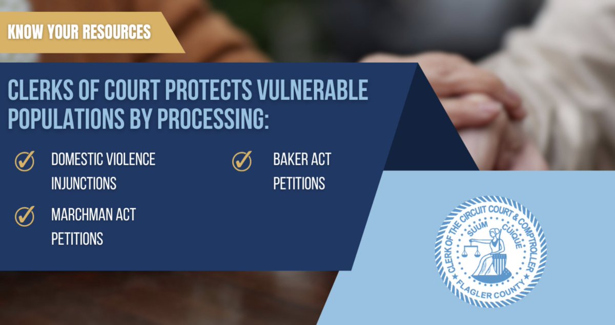 FlaglerClerk's tweet photo. Our team is committed to protecting vulnerable populations by processing Domestic Violence Injunctions, Baker Act petitions, and Marchman Act petitions. To learn more about these cases and how we can assist you, visit: https://t.co/3RfNPsQTOs.
#flaglerclerk #flaglercountyfl https://t.co/zR1zVtbA1i