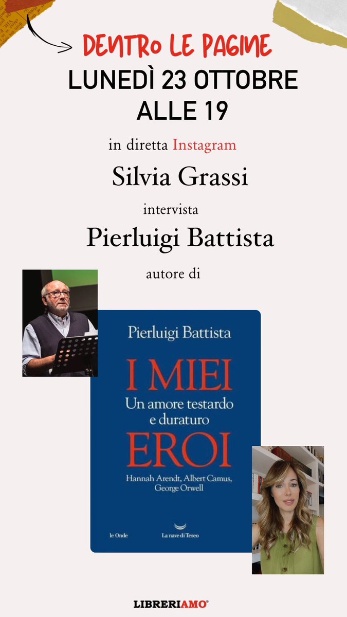 SilvyGrassi's tweet photo. Il 23 ottobre alle 19 #live #Instagram su #Libreriamo con #PigiBattista ✍🏻 con📚I MIEI EROI❤️Un amore testardo e duraturo. Hannah #Arendt, Albert #Camus e George #Orwell. Un #libro attualissimo x riflettere sulle guerre di ieri e conflitti di oggi in #Ucraina 🇺🇦 e #MedioOriente https://t.co/90jpWoTr1N