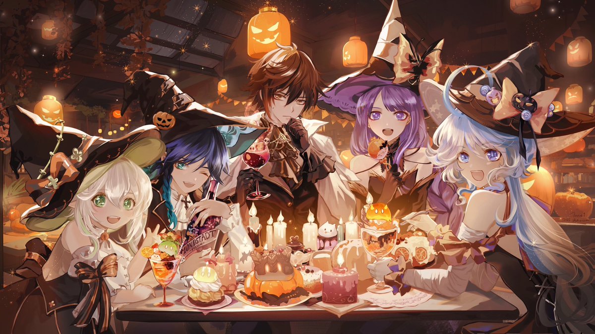 happy halloween ！！🍬🍭🕯️👻🎃💀
I trying putting the element symbol on there costume , and I like the food on the table also , hope all of you will like the details in it~

#venti #zhongli #raiden #nahida  #Furina #TeyvatCostumeParty #halloween #GenshinImpact #原神#hoyocreators