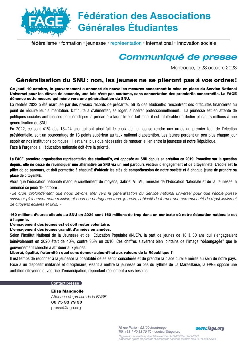 #StopSNU | Les 160 millions d'euros qui vont être alloués au SNU sont de trop face à un système éducatif et social sous l'eau ‼️

Renouer du lien avec les jeunes =
✅ Les concerter sur les sujets qui les concernent
✅ Parcours d'engagement et de citoyenneté
❌ SNU généralisé