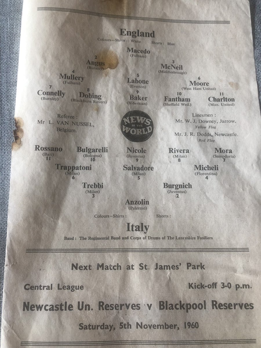 angusstatto's tweet photo. Thought it would be appropriate to send this out given the circumstances. A 1960 programme from England U23’s with the Late Sir Bobby Charlton playing off the left in a formation we would not be used to seeing in modern football. RIP Sir Bobby Charlton. https://t.co/qsF3z16Qet