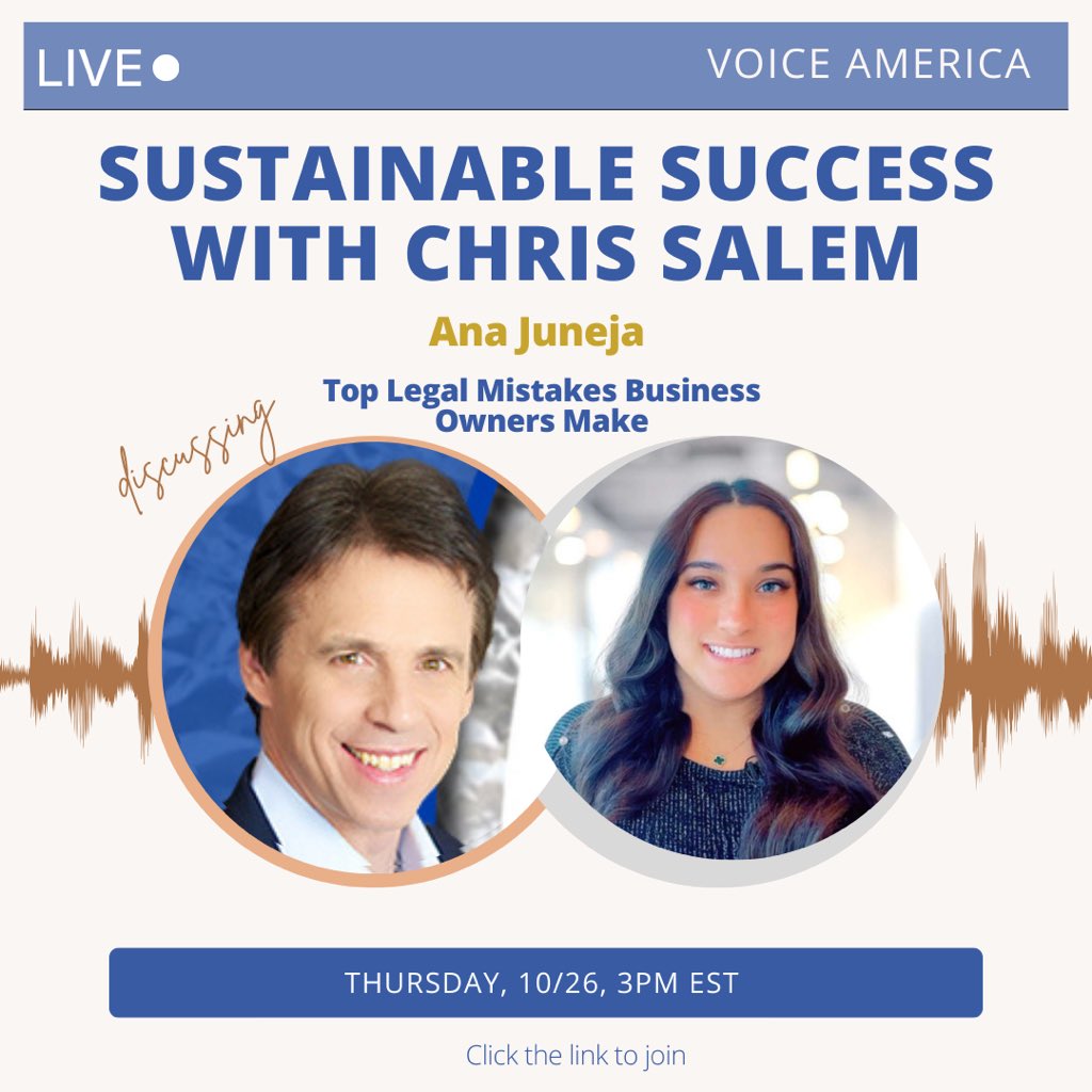 chrisrsalem's tweet photo. Sustainable Success Radio Show - Voice America Business Channel
Guest: Ana Juneja
Top Legal Mistakes Business Owners Make
Thursday, Oct 26 @ 3 PM ET or 12 PM PST
https://t.co/ZyFA8e45a9
#sustainablesuccess #podcast @anajuneja @VoiceAmericaTRN https://t.co/VMNOwkrJck