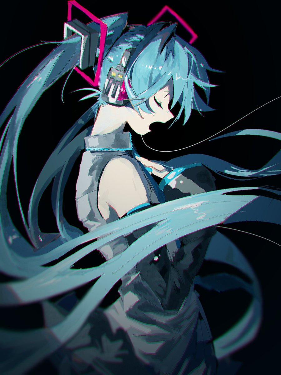 hatsune miku 1girl solo long hair twintails detached sleeves closed eyes open mouth  illustration images