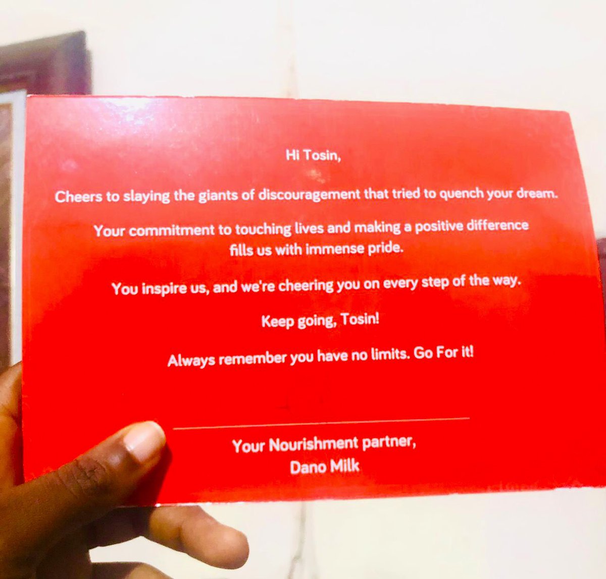 oluwatosin_timi's tweet photo. I shot my shot with @danomilkng in July!

It came back with awesome rewards thereafter.🤩
Gloooory!💃💃🙏

Thank you @danomilkng. @Sfoundation_ng is grateful.

#DanoMilk
#NoLimitChallenge https://t.co/dHH0f4qIXp