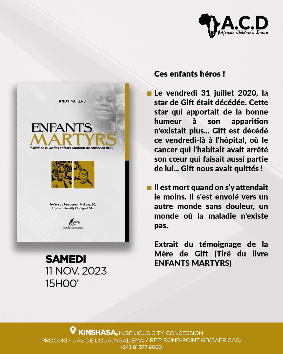 MukendiAndy1's tweet image. Après Lubumbashi et Goma, nous poursuivons avec la promotion du premier livre sur la situation socio-culturelle des enfants victimes de cancer 🎗️ dans notre pays🇨🇩🇨🇩❤️.

📌Kinshasa, le 11 Novembre

@DeniseNyakeru, @DeboraK_RDC, @DKAYEMBE, @leParrainRDC, @actualitecd