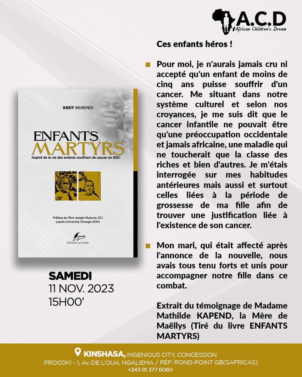 MukendiAndy1's tweet image. Après Lubumbashi et Goma, nous poursuivons avec la promotion du premier livre sur la situation socio-culturelle des enfants victimes de cancer 🎗️ dans notre pays🇨🇩🇨🇩❤️.

📌Kinshasa, le 11 Novembre

@DeniseNyakeru, @DeboraK_RDC, @DKAYEMBE, @leParrainRDC, @actualitecd
