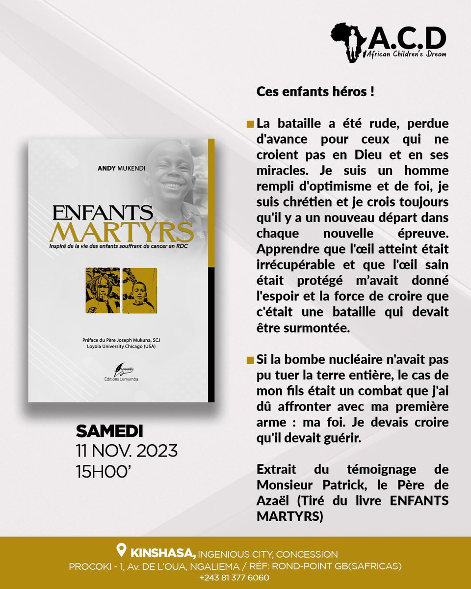 MukendiAndy1's tweet image. Après Lubumbashi et Goma, nous poursuivons avec la promotion du premier livre sur la situation socio-culturelle des enfants victimes de cancer 🎗️ dans notre pays🇨🇩🇨🇩❤️.

📌Kinshasa, le 11 Novembre

@DeniseNyakeru, @DeboraK_RDC, @DKAYEMBE, @leParrainRDC, @actualitecd