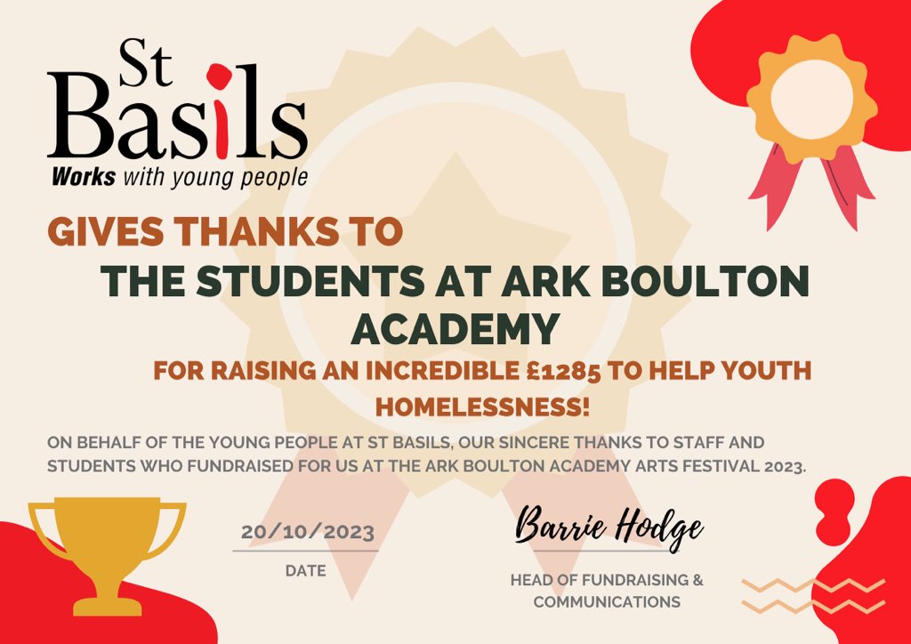 A massive congratulations to everyone who was involved with the Arts Fest last summer. We raised an incredible amount to help tackle youth homelessness! #StBasils #ArkBoulton