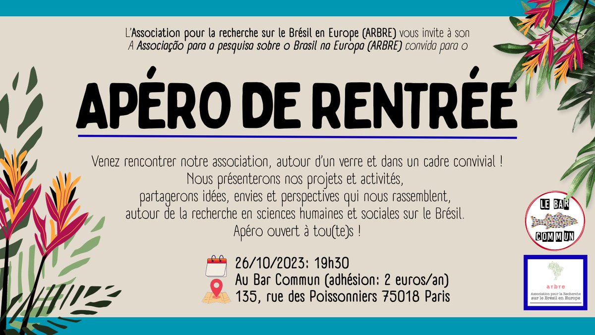 ARBRE organise son apéro de rentrée! Nous présenterons nos activités et projets à venir, afin de faire connaître notre travail associatif et d’accueillir toutes les personnes intéressées. L’Apéro aura lieu le 26 octobre, de 19h30 au Bar Commun 🥳 Venez!