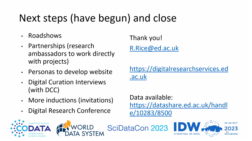 Great efforts by <a href="/ResearchDataUoE/">University of Edinburgh Research Data Support</a> to promote their services. Lots of ideas for <a href="/UCDLibrary/">UCD Library</a> Academic and Research Engagement Unit to build on. I particularly like the idea of roadshows around campus @mishdalton <a href="/sparrowbarley/">Robin Rice</a> #IDWSalzburg2023