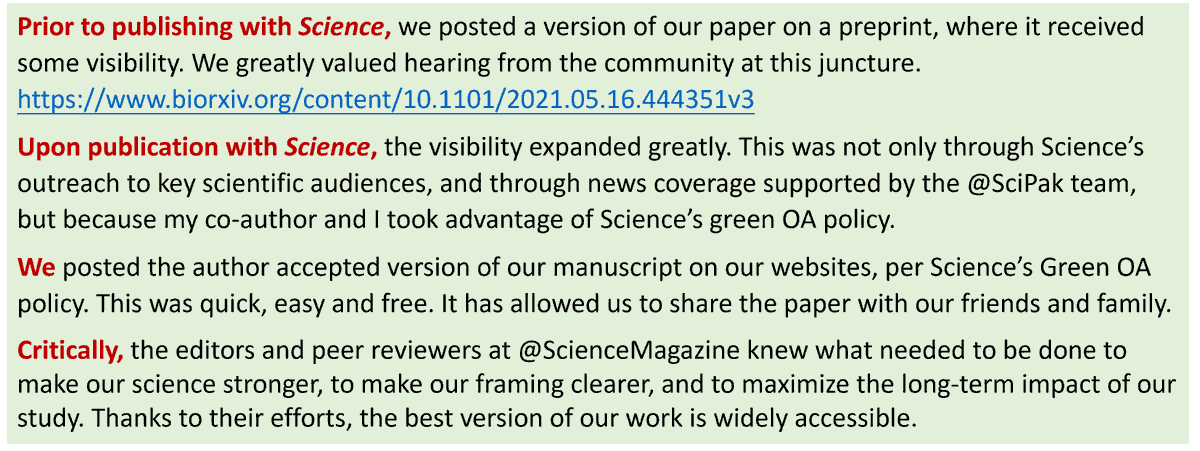 It’s #OAWeek and I’d like to take the opportunity to highlight how publication at @ScienceMagazine, which supports Green Open Access, helped our genomics paper reach an especially wide audience at no cost to us. 😇 science.org/doi/10.1126/sc… biorxiv.org/content/10.110…