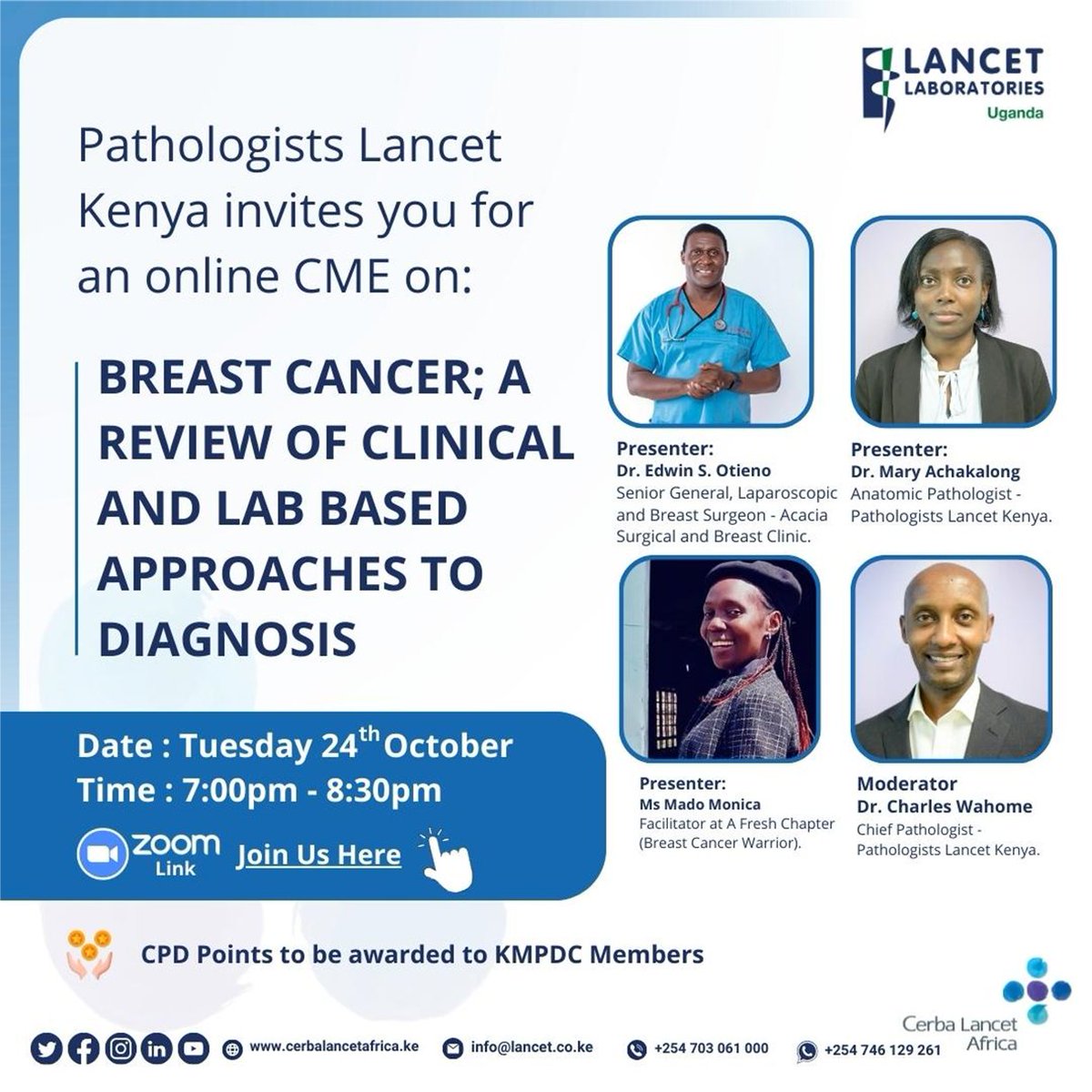I invite you all tomorrow to join us for a CME on Breast Cancer. Questions are welcome. 
From 7:00pm to 8:30pm..EAT 
#Knowyourhealth
#visitLancetlabsug.

Hear from you all.
