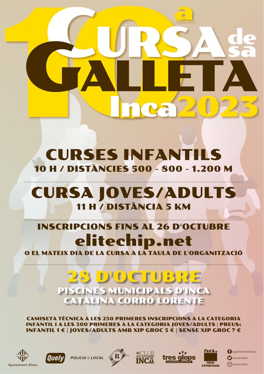 incaciutat's tweet image. 🗣️Presentació de la 🏃‍♀️10aCursa de sa Galleta d'aquest, que se celebra dissabte 🗓️28 d'octubre, dins del marc de la 2ª Fira, dedicada a l'Oci i a l'Esport.

📍Piscines municipals d'Inca Catalina Corró Lorente.

📝Inscripcions a elitechip.net