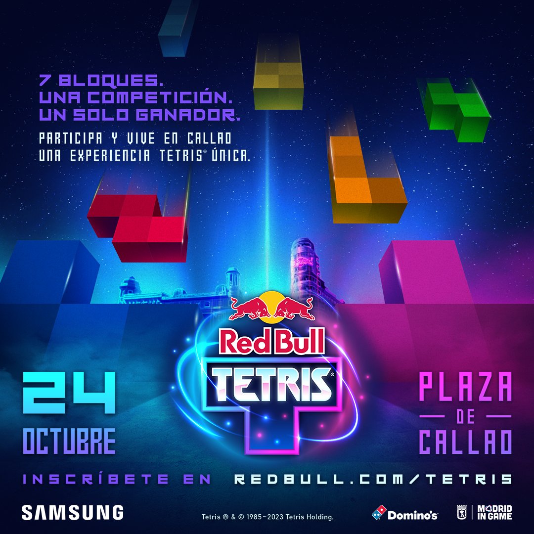 Jugar a Tetris en una pantalla gigante???? YES OF COURSE💥💥

El centro de Madrid va a ser una auténtica locura con #RedBullTetris. ¿Te vienes?👇👇

🗓️24 de octubre  
⏰ 16h Open Phase y 19h FINAL
📍Plaza de Callao de Madrid