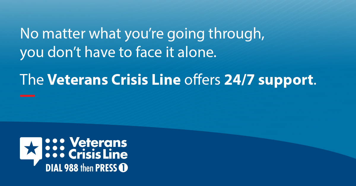 DeptVetAffairs's tweet photo. If you’re a #Veteran in crisis, Dial 988 then Press 1, chat at https://t.co/7iQX5OQBos, or text 838255 now. Responders are ready to listen and help. https://t.co/HBqaT21Z2u