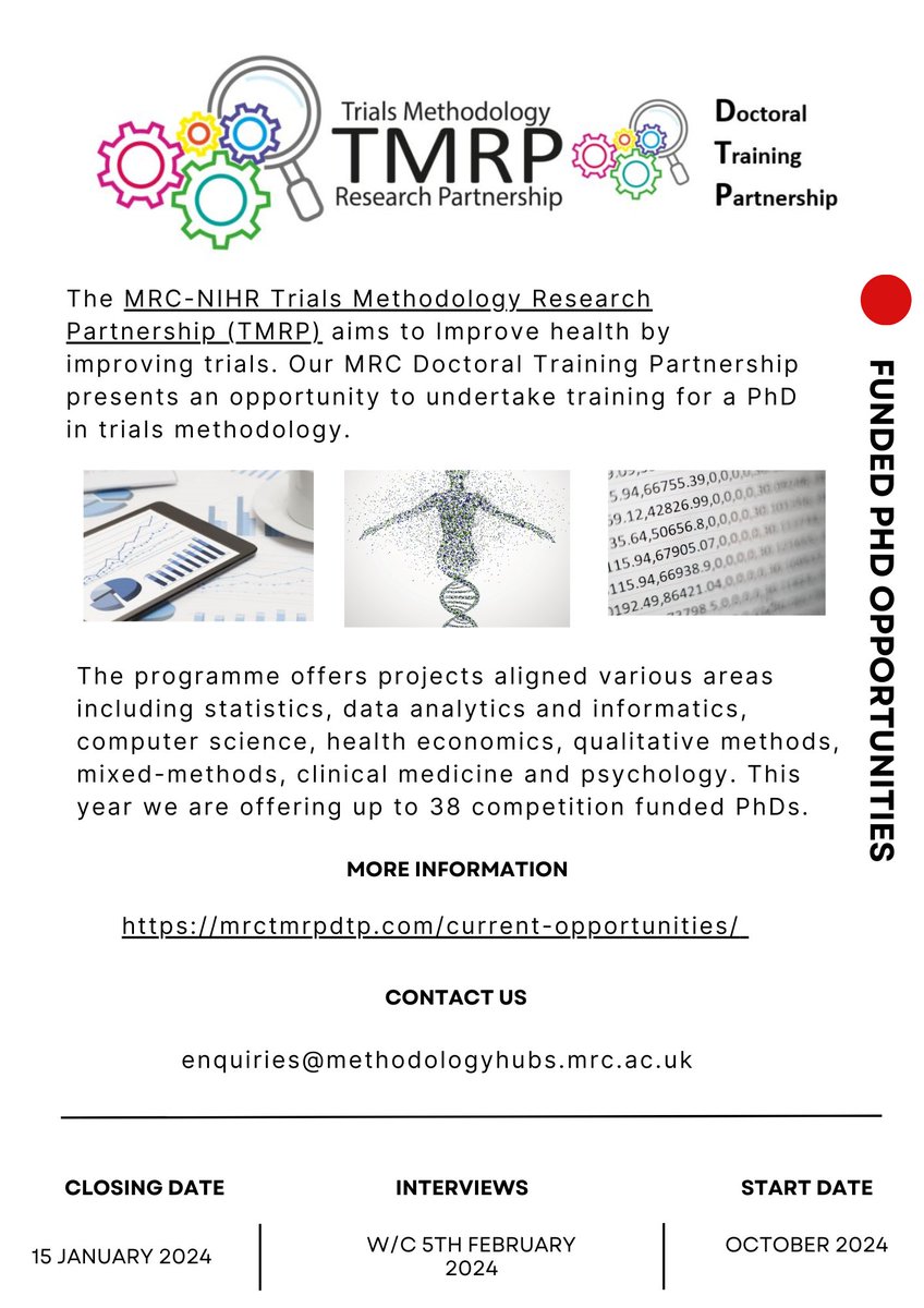 MRC TMRP DTP (@mrctmrpdtp) on Twitter photo We are delighted to announce the launch of our next round of recruitment to <a href="/MRCNIHRTMRP/">MRC-NIHR Trials Methodology Research Partnership</a> DTP. Lots of exciting projects available. Head to mrctmrpdtp.com/current-opport… for more information. Please share widely! We are delighted to announce the launch of our next round of recruitment to <a href="/MRCNIHRTMRP/">MRC-NIHR Trials Methodology Research Partnership</a> DTP. Lots of exciting projects available. Head to mrctmrpdtp.com/current-opport… for more information. Please share widely!