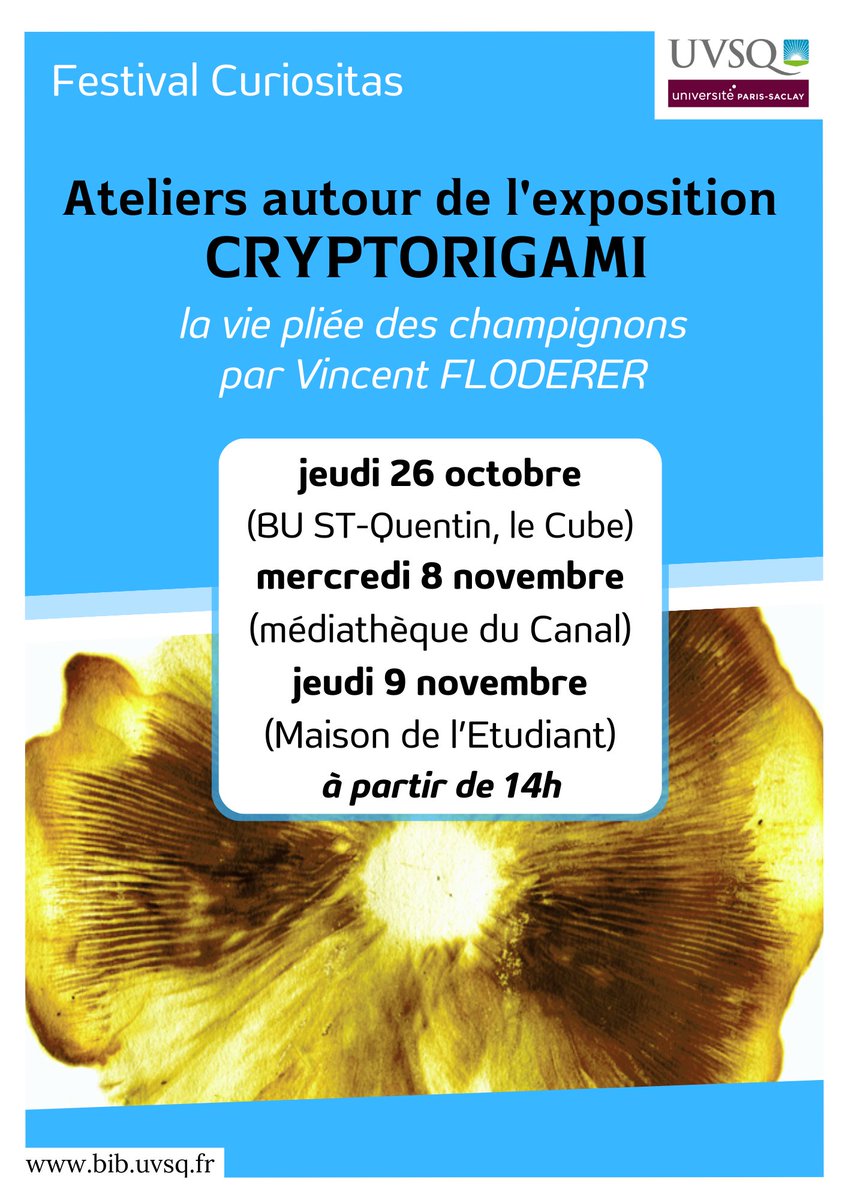 bibuvsq's tweet photo. [Curiositas]

Jeudi 26/10, la #BU de St-Quentin accueille un atelier d'initiation au pliage de l'artiste Vincent Floderer, pour le festival #Curiositas2023.
2 autres ateliers sont prévus à St-Quentin en novembre.

@uvsq @UPSaclayCulture @ParisSaclay 

#Curiositas #Cryptorigami https://t.co/5cNIdVbc4C