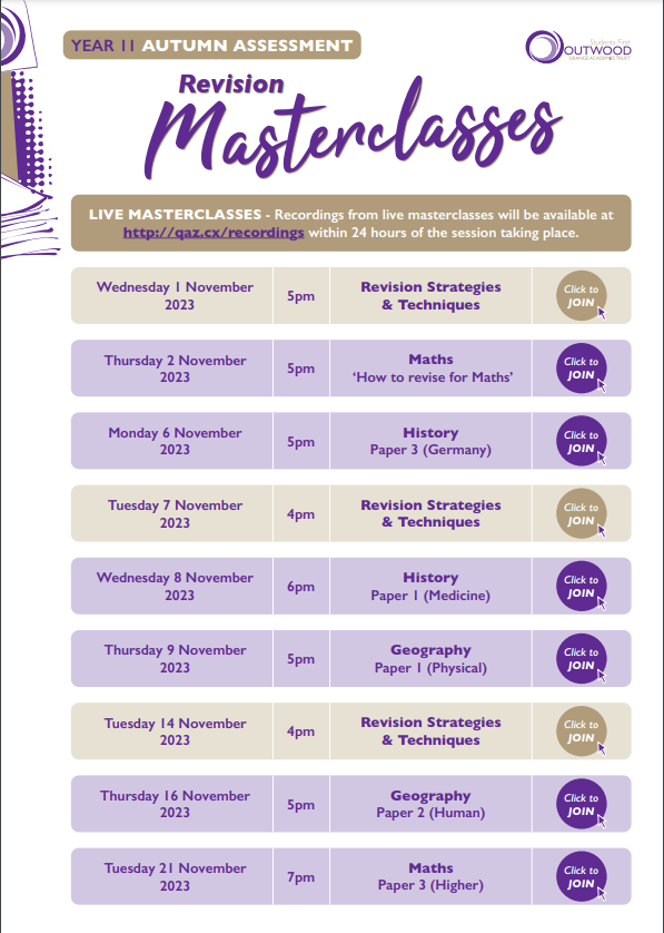 OutwoodHaydock's tweet photo. 📢Attention @OAHa_Year11 📢 Your online masterclasses start on Nov 1st. These sessions will support your revision as you work towards your mock exams this autumn! Check out the timetable &amp; dashboard linked! 💜 #teamhaydock #outwoodfamily #itswhoiam

https://t.co/Mwg0h7f3GN https://t.co/gTtLhNzayx
