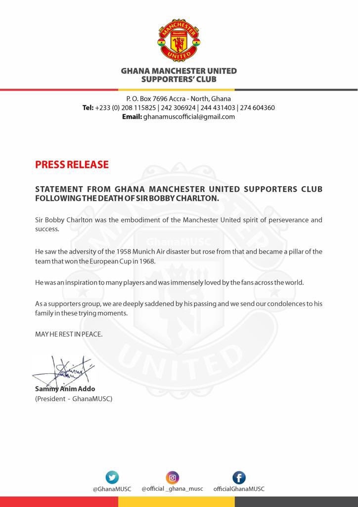 Statement From Ghana Manchester United Supporters Club Following The Death Of Sir Bobby Charlton.

#MUFC #GhanaMUSC
