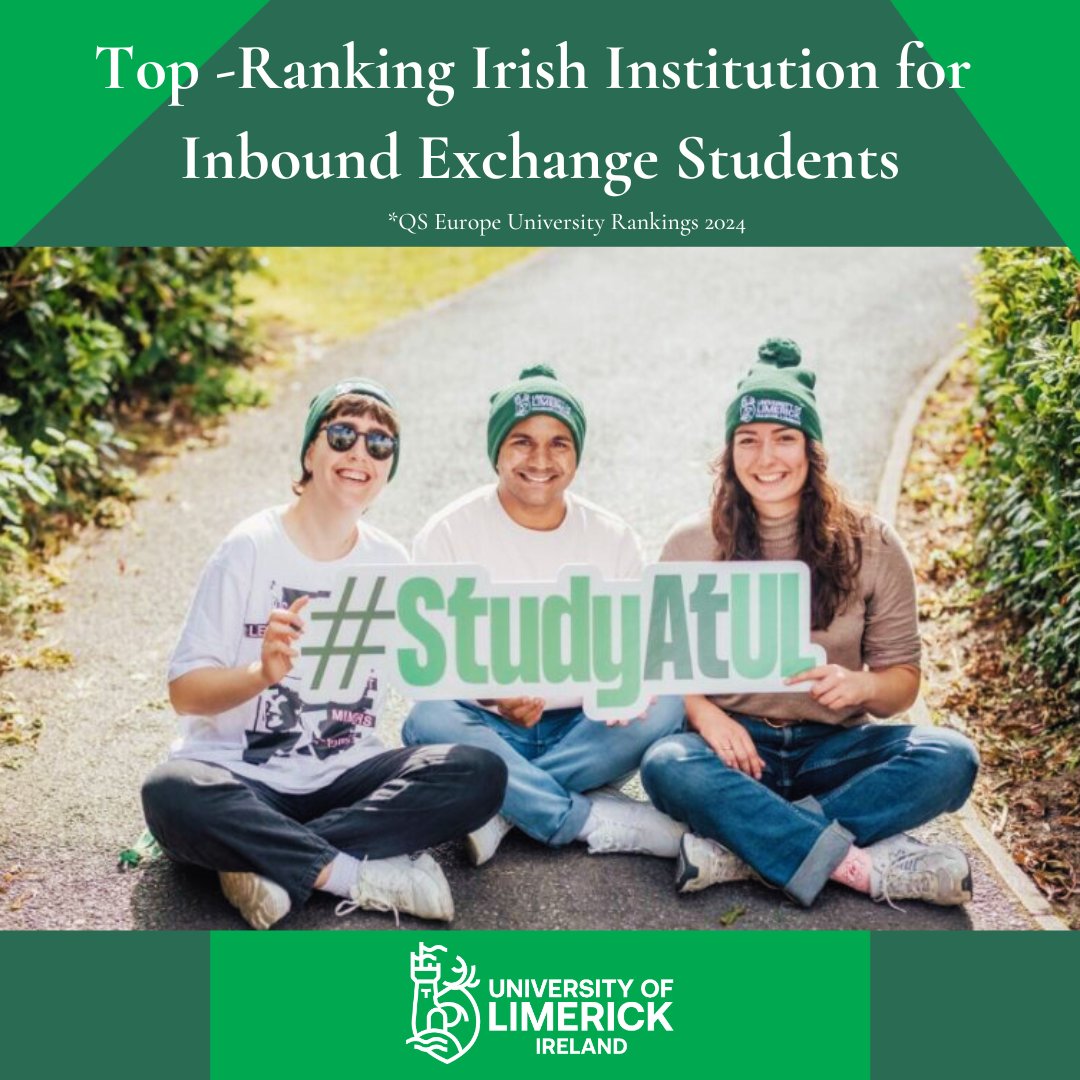 ULGlobal's tweet image. UL was awarded top-ranking Irish Institution for Inbound Exchange Students in QS Europe University Rankings 2024 👏

#inboundexchange #exchange #exchangeprogramme #internationalstudents #studyabroad #semesterabroad #QSrankings #europerankings #universityrankings