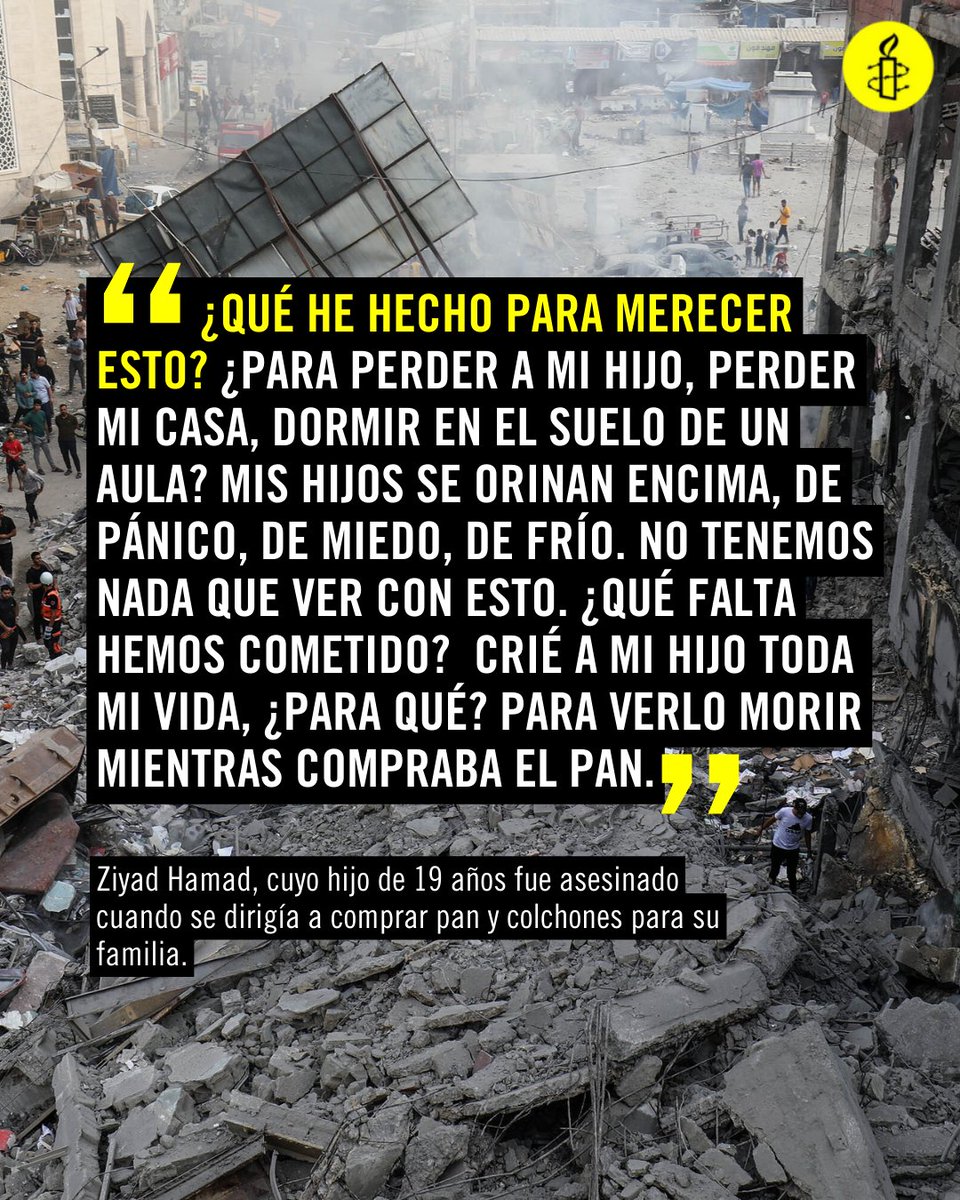 ‼️ Amnistía Internacional ha documentado ataques ilegítimos israelíes, incluidos ataques indiscriminados, que han causado gran número de víctimas civiles y deben investigarse como crímenes de guerra: amn.st/6013udEsz. 👇 #Gaza #Israrel