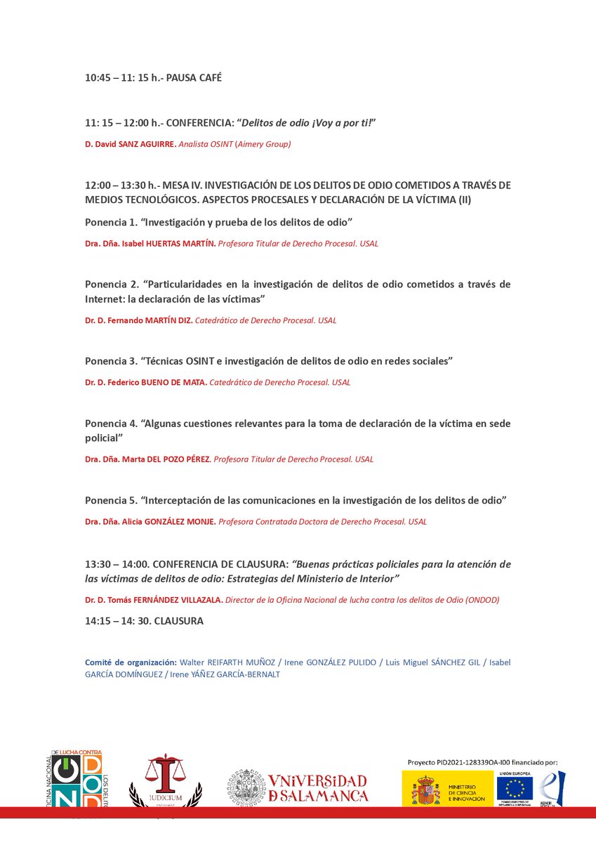 Los próximos 27 y 28 de noviembre tendrá lugar en <a href="/FacDerechoUsal/">Facultad de Derecho</a> <a href="/usal/">Universidad de Salamanca</a>  el Congreso Nacional PROHATEC: "Tratamiento procesal de los delitos de odio cometidos a través de medios tecnológicos". Info para inscripción gratuita y envío de comunicaciones en el código QR del cartel