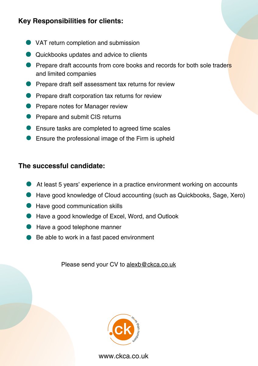 We are hiring! We have a position for an Accounts Supervisor. Further details of the role can be found below. To apply, please send your CV to Alex Boulter, alexb@ckca.co.uk #hiring #accountants