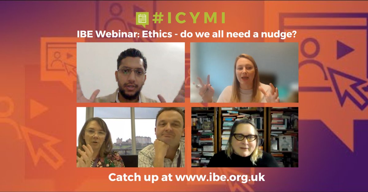 #ICYMI - watch the recording from last week's IBE #webinar, Ethics: do we all need a nudge? @RachaelSaunders @umar_taj @AmandaKBunten Craig Hamilton and Lisa Pennycook of @PhoenixGroup discussed behavioural science in #businessethics. 💡 See bit.ly/IBEnudge