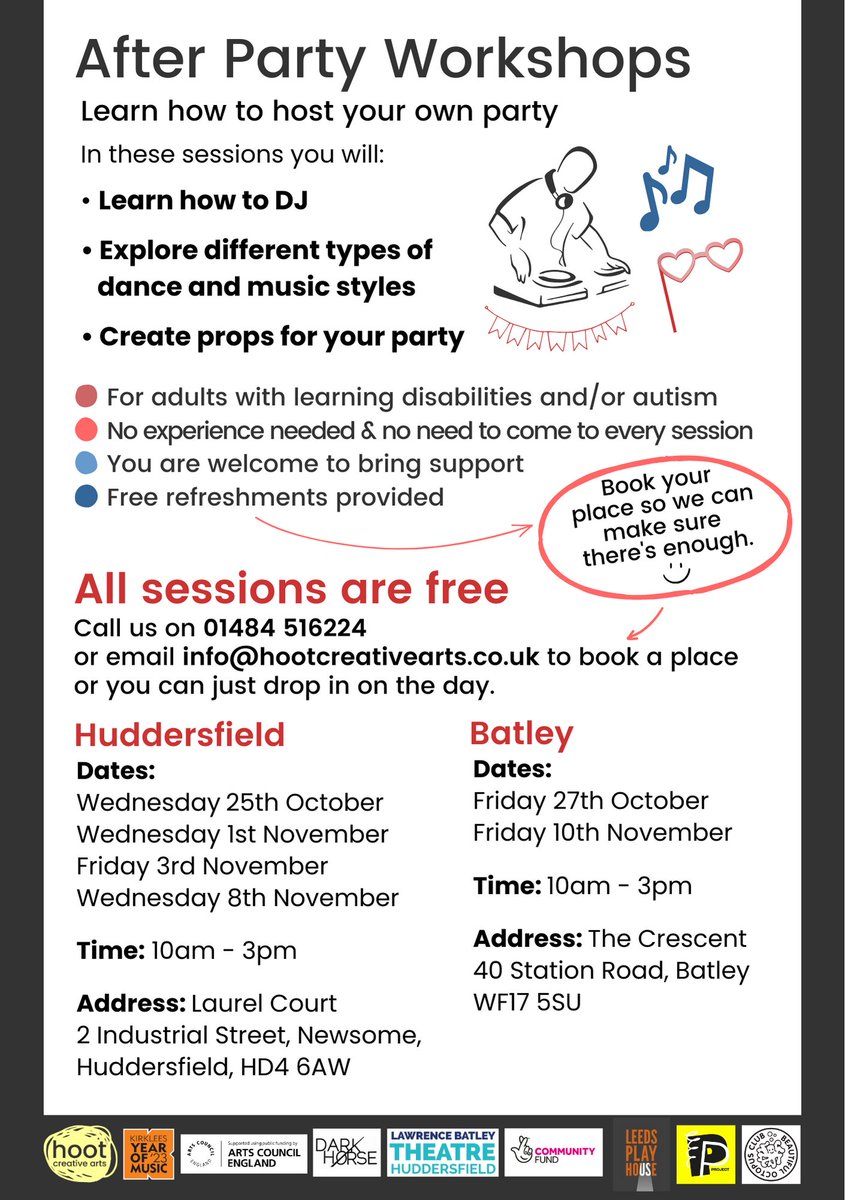 The After Party workshops start this Wednesday. Learn how to host your own party. More info below. Swipe across. With @musicinkirklees @darkhorse_uk @theLBT @TheCrescentCare @LeedsPlayhouse @PartyPeopleHere