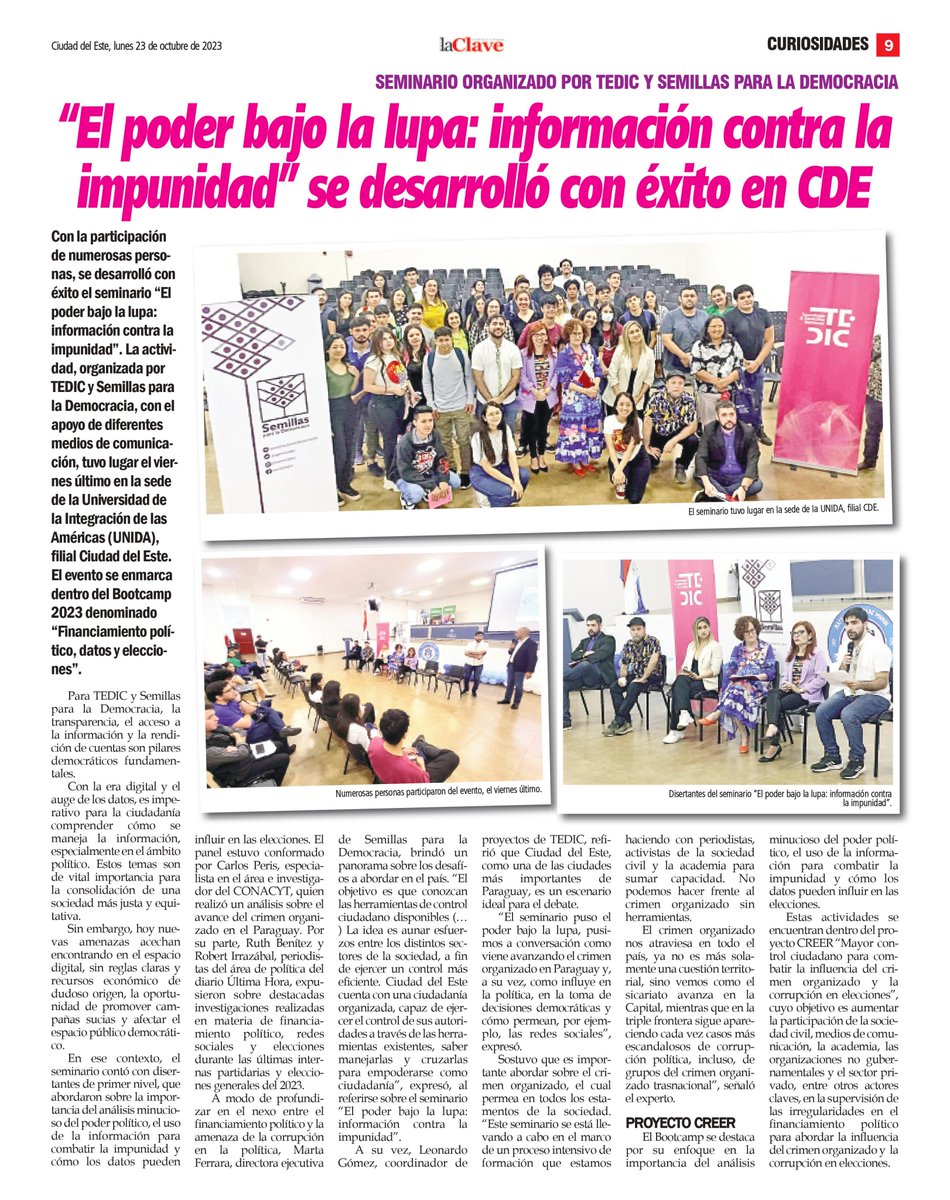 diario_LaClave's tweet image. Con la participación de numerosas personas, se desarrolló con éxito el seminario “El poder bajo la lupa: información contra la impunidad”. La actividad, organizada por @TEDICpy  y @semillaspy fue en la UNIDA de CDE.

Más detalles en: 
laclave.com.py/2023/10/23/el-…