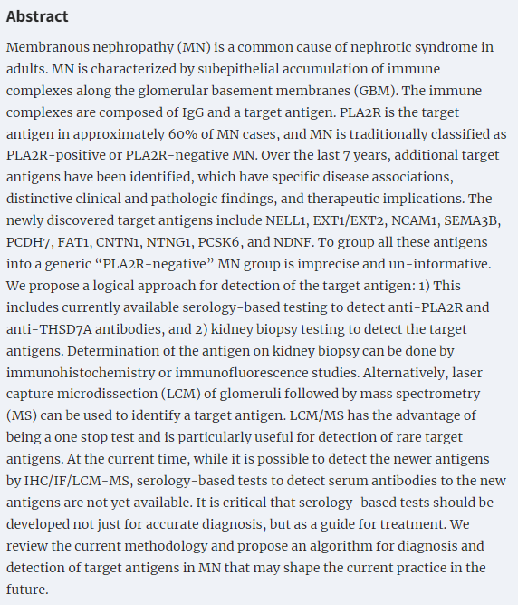 Membranous nephropathy: Diagnosis and identification of target antigens 📖doi.org/10.1093/ndt/gf… 👉The authors review the current methodology and propose an algorithm for diagnosis and detection of target antigens in MN that may shape the current practice in the future