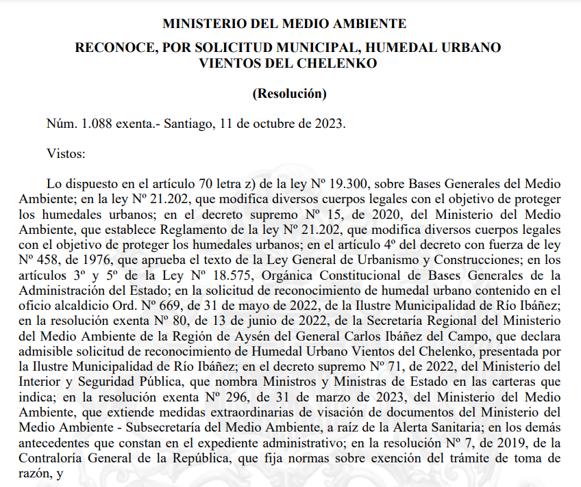 Hoy se publicó en el Diario oficial la Resolución Ex. 1.088 del MMA , con la que se reconoce oficialmente al Humedal Urbano "Vientos del Chelenko" #Aysén #PuertoIbañez