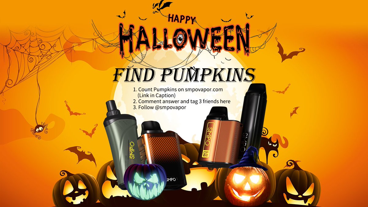 🎃 Ready for the spookiest season of the year? Enter with easy step. 👀 __________ 1. Count Pumpkins on smpovapor.com 2. Comment answer and tag 3 friends 3. Follow @smpovapor __________ 🎃🍿Announce 1 winner on Oct.31st Prize:1* CP01+ 1* CP02 + 1*DL01 + 1* DL02