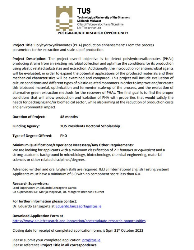Eduardo Lanzagorta (@ed_lanzagorta) on Twitter photo New open position for a PhD student at <a href="/ait_research/">@TUSMidlands_Research</a> See info below and please share with anyone who could be interested.
Apply on this link ait.ie/research-and-i…
#Research #Biopolymers #PhD #PhDPosition #PostgradOpportunity #OpenPosition #PHA New open position for a PhD student at <a href="/ait_research/">@TUSMidlands_Research</a> See info below and please share with anyone who could be interested.
Apply on this link ait.ie/research-and-i…
#Research #Biopolymers #PhD #PhDPosition #PostgradOpportunity #OpenPosition #PHA