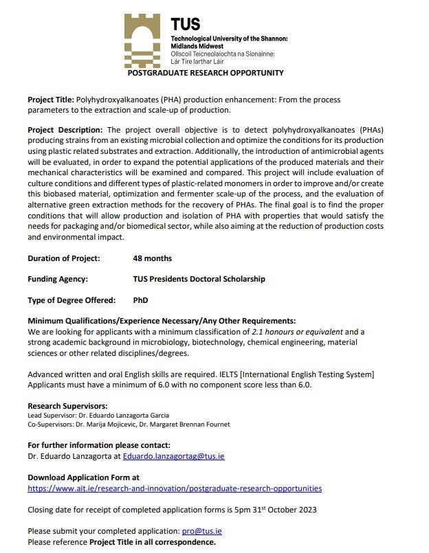 New open position for a PhD student at @ait_research See info below and please share with anyone who could be interested. Apply on this link ait.ie/research-and-i… #Research #Biopolymers #PhD #PhDPosition #PostgradOpportunity #OpenPosition #PHA