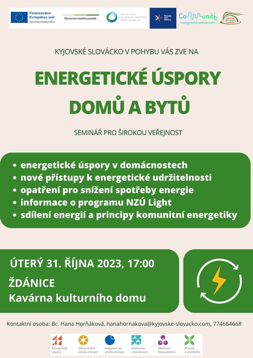 CommunitieCZ's tweet photo. Kyjovské Slovácko v pohybu​ zve na seminář pro širokou veřejnost ⚡️ Energetické 💰 úspory 🏡 domů a 🏬 bytů, který se uskuteční 31. října v 17 hod. v kavárně kulturního domu Ždánice: https://t.co/Dg9ZFNHcik
#communitie #energetika #kyjovskeslovackovpohybu #zdanice https://t.co/0KoSJPKZBI