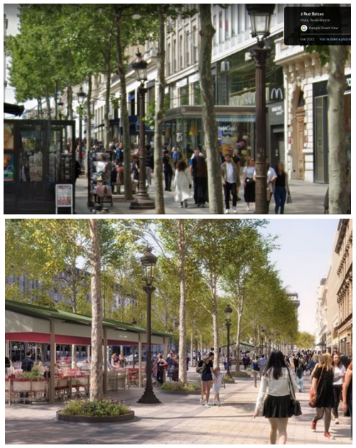 Fabrique du fake... Le visuel des nouvelles terrasses des Champs-Elysées, diffusé par les médias, a été savamment tripoté pour donner une impression d'espace. Entre autres, l'avancée du Mac Do, qui prend 5 mètres sur le trottoir, a été supprimée par une retouche. (Suite ⤵️)