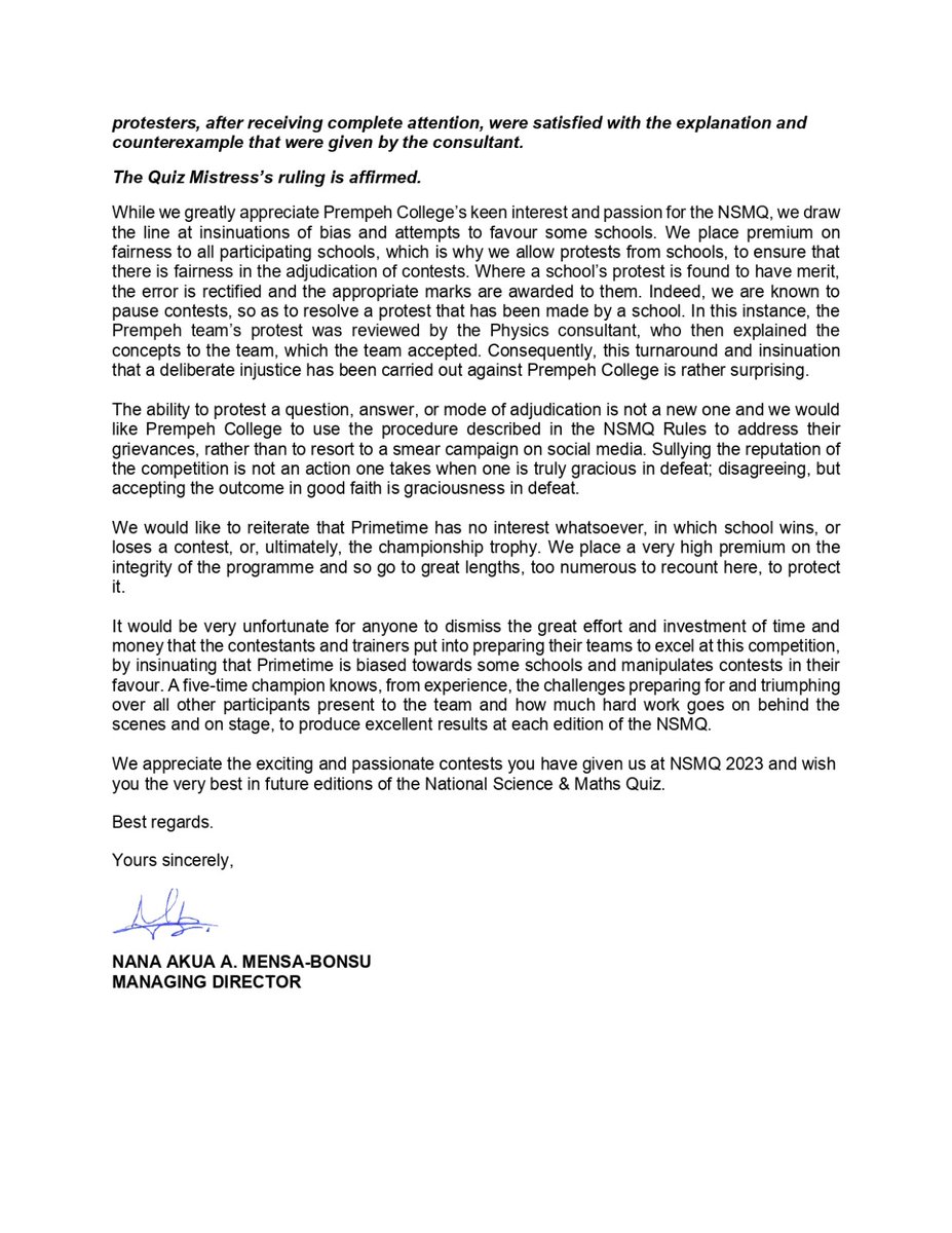 GprGhana's tweet photo. #Primetime Production respond to Prempeh College petition concerning unfair ruling in the NSMQ 2023 Semi-final contest that featured #PrempehCollege, #OpokuWare School and #PopeJohn SHS.
#NSMQ2023 #NSMQ30
#NSMQSemifinal
#GhanaPressRelease https://t.co/4VSpKsHNtz
